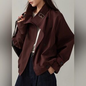 NWT Commense Vintage Loose Trench Coat Burgundy Red Size S Button Collar Buckle